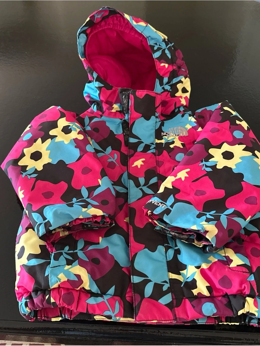 The North Face Girls Floral Hooded Puffer Jacket - Pink Blue Yellow Black 2T